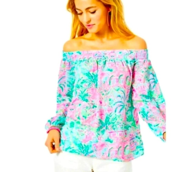 Lilly Pulitzer Maryellen Off shoulder top Spotted On Worth Bali Blue Size XS NEW - Picture 1 of 12